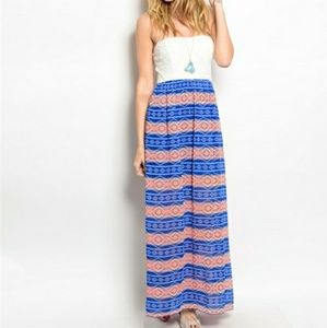 Peek-a-boo Back Maxi White Lace Bodice Blue Coral